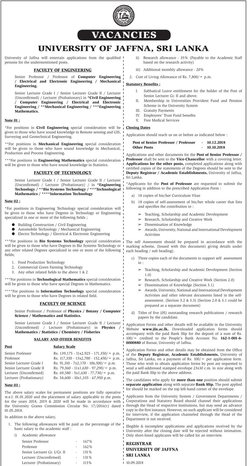 Senior Professor, Professor, Senior Lecturer, Lecturer - University of Jaffna